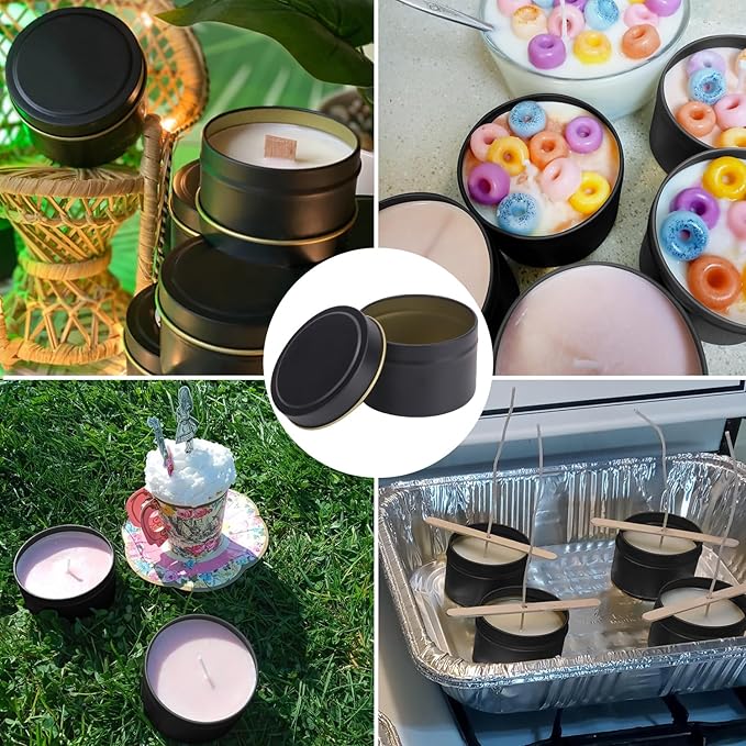 72 Pack 4 oz Black Metal Candle Tins with Lids, Round Bulk Metal Candle Jar, Matte Finish, Round 4 oz Candle Tins for DIY Candle Making and Storage