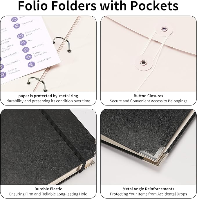 3-Ring Folder Organize Sturdy Hardboard Important Document Organizer with Expanding Pockets for Home, School, Office Use (Black)