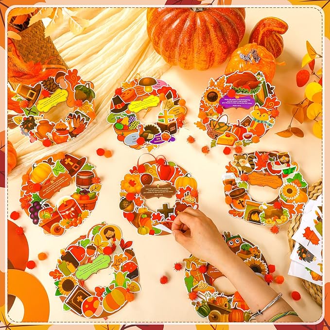Hollowfly 48 Sets Wreath Craft Kits DIY Wreath Hanging Ornaments Make Your Own Paper Craft with Stickers for Home Party Favors Activities(Christian Thanksgiving)