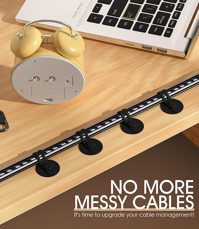 Nearockle Cable Management Under Desk, Adjustable Self-Adhesive Silicone Cable Ties Cord Organizer, Reusable Heavy-Duty Cord Holder Under Table for Office, Home, School (20Pcs-Black)