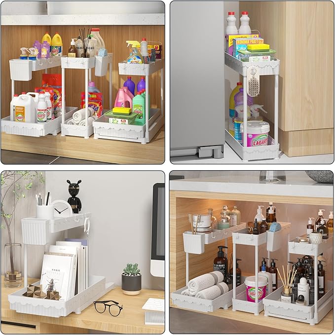 3 Pack Multi-Purpose Under Sink Organizers and Storage, 2026 L-Shaped Pull Out Cabinet Organizer for Bathroom & Kitchen, Under Cabinet Organizer with Hooks Hanging Cup (White, 12.85 inch)