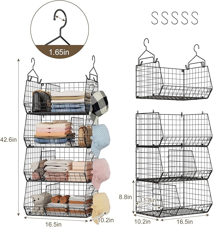 Jautokerdar 4 Tier Hanging Closet Organizer with Dividers,Extra Large Storage Hanging Shelf with 5 S Hooks 4 Dividers,Hang on Wire Closet Shelving Clothes Organizer-Black