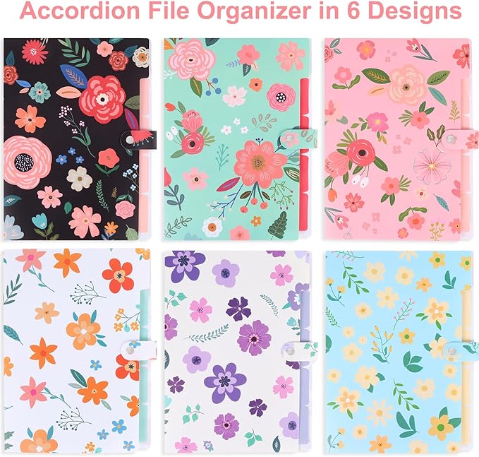 EOOUT 6pcs Expanding File Folders with 5 Pockets, Floral Accordion Folders for Documents, A4 Letter Size Plastic File Organizer with Snap Button for School and Office Supplies