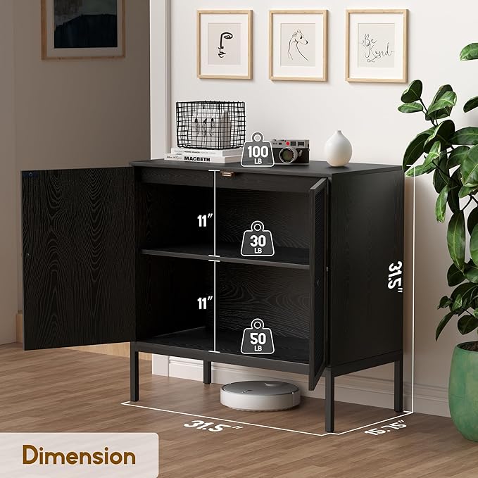 XIAO WEI Farmhouse Boho Sideboard Buffet Cabinet with Black Rattan Doors, 31.5" W Accent Credenza Console Storage Cabinet with Metal Legs for Living Room, Entryway, Kitchen/Set of 2