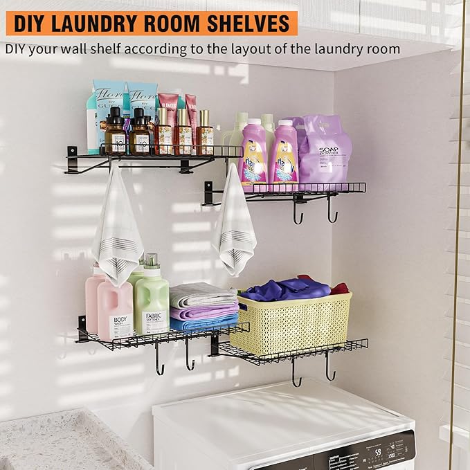 6 Pack Foldable Wall Shelf, Wall Mounted Garage Storage Shelves, Heavy Duty Wall Shelving Supports Up To 270 LBS. Floating Shelves With 12 Hooks Metal Storage Rack for Office, Kitchen and Laundry Room