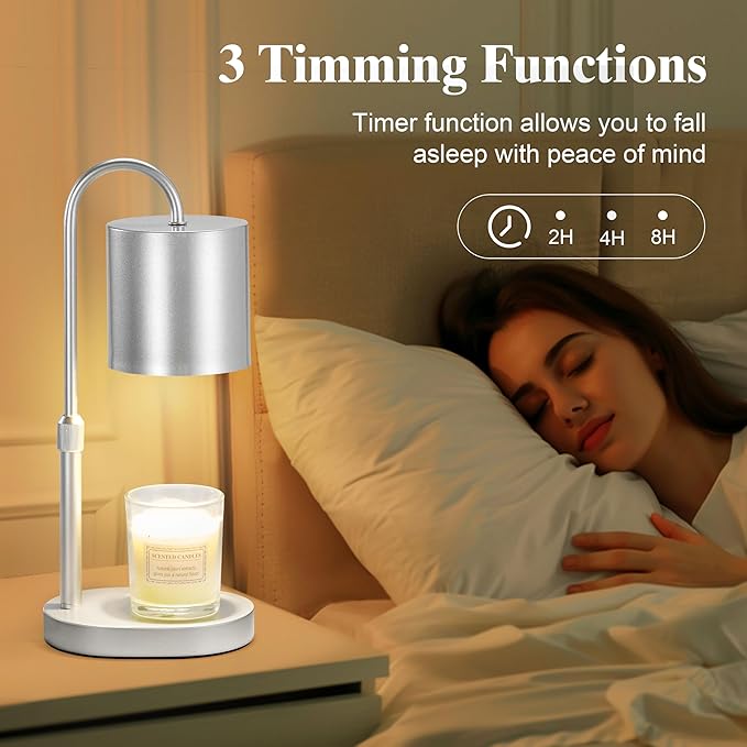 Dreamholder Electric Candle Warmer Lamp with Timer & Dimmer, Adjustable Height Wax Melt Warmer for Jar Candles, Wood Base Candle Melter, Floral Home Decor Gifts for Women, Mom, Silver