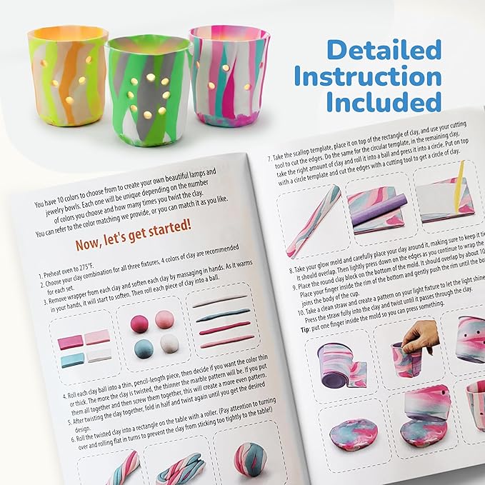 ArtCreativity DIY Clay Lanterns Making Kit - Makes 3 Lanterns and 3 Jewelry Bowls - Kids Lantern Making Kit with 12 Clay Packages, 3 Battery Tea Light Candles, Sticker Gems, and More Craft Supplies
