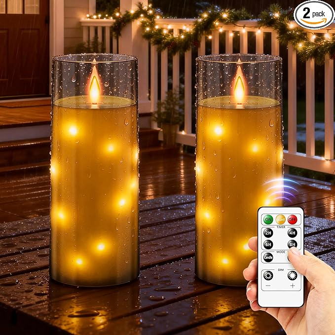 11" x 4" Large Outdoor Waterproof LED Candles, 2Pcs Pillar Candles with Remote & Timer, Flameless Candle Battery Operated with Embedded Star String for Porch, Patio, Outdoor Decor and Christmas