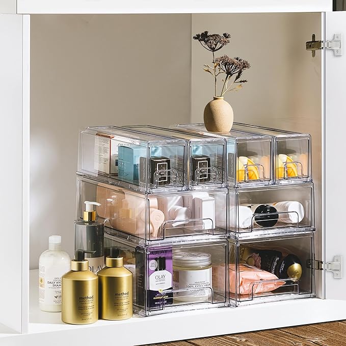 Sorbus Small Wide Clear Stackable Storage Drawers – 4-Pack Plastic Organizer Bins with Handles – Stackable Pull-Out Storage Drawers for Closet, Pantry, Office, Bathroom, Craft, and Toy Organization