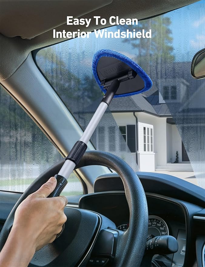 AstroAI Windshield Cleaning Tool, Car Window Cleaner Windshield Cleaner with 8 Reusable and Washable Microfiber Pads and Extendable Handle Auto Inside Glass Wiper Kit, Blue, 2 Pack