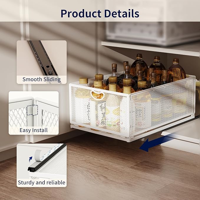 Pull Out Cabinet Organizer, No Drill Adhesive Sliding Drawers for Kitchen, Metal Mesh Wire Storage Shelf for Pantry & Under Sink, White (9.6" W x 15.7" D x 3.9" H)