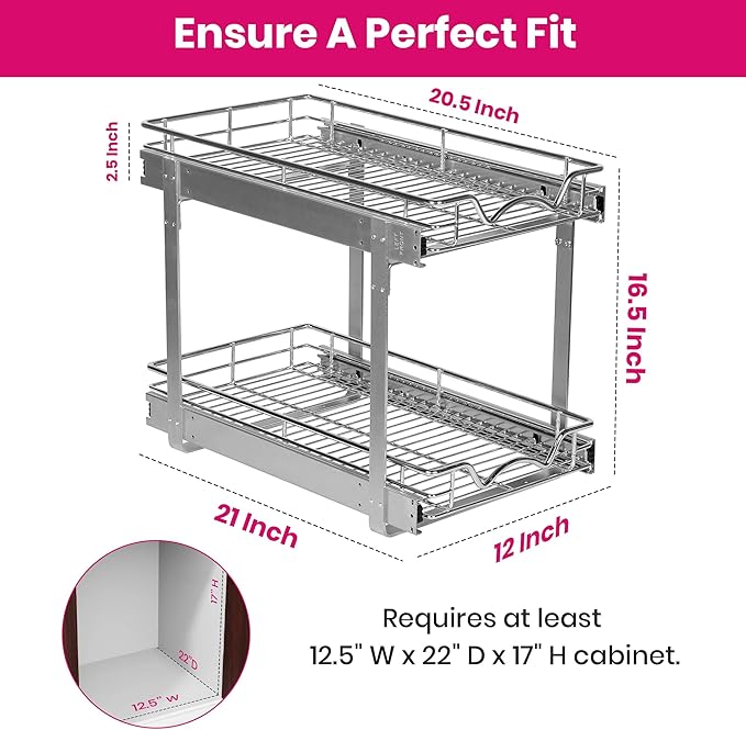 2-Tier Pull-Out Cabinet Organizer with Heavy-Duty Steel Frame, Full-Extension Sliding Shelves, Holds 100 lbs, Easy Install for Kitchen, Pantry & Under Sink Cabinets, 12" W x 21”D x 16.5" H
