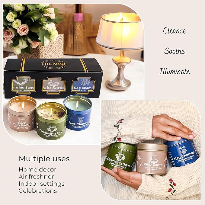 Cleansing Sage, Palo Santo, Nag Champa - Soy Candles Non Toxic - Highly Scented Long Lasting with Essential Oils - Variety Pack of 3 x 5oz - for Home Aromatherapy Meditation Gift Travel