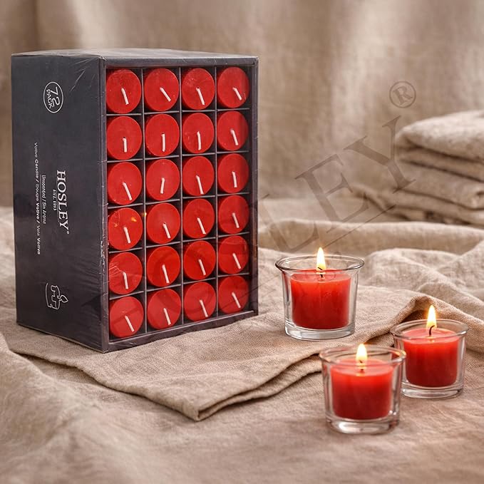 Hosley Set of 72 Unscented Red Votive Candles – Bulk Pack, Clean-Burning, Long-Lasting 10-12 Hour Burn Time – Ideal for Weddings, Home Décor, Spa, and Events