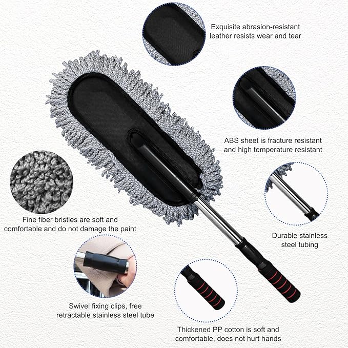 2 PCS Microfiber Car Duster, Scratch Free Auto Exterior Interior Large Dusting Cleaning Brush, Multipurpose Vehicle Dust Cleaner with Extendable Handle, Car Accessories (Gray)