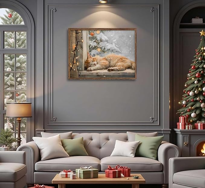 Paint by Number Kit for Adults & Kids, Christmas Sleeping Cat by Window 16x20 Inch, DIY Acrylic Painting Kit with Brushes & Paints, Holiday Art Decor for Home Unframed