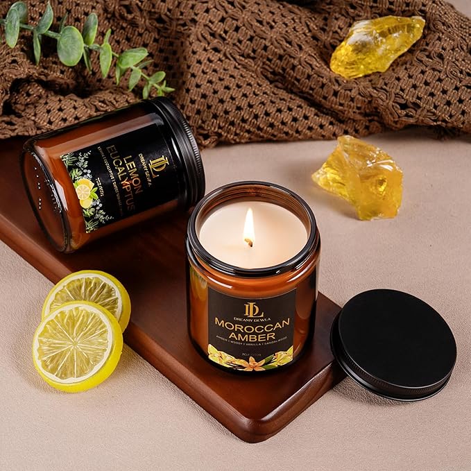 Lemon Eucalyptus Scented Candle, Soy Candles for Home Scented, Amber Jar Candles Gifts for Men Women, 7oz
