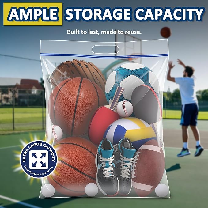 25 Gallon Extra Large Resealable Storage Bags with Zipper Top，35" x 24" Heavy Duty Clear Bags with Handles, 4 Mil Thick, Perfect for Clothing, Pillows, Travel, and Moving (5 Packs)