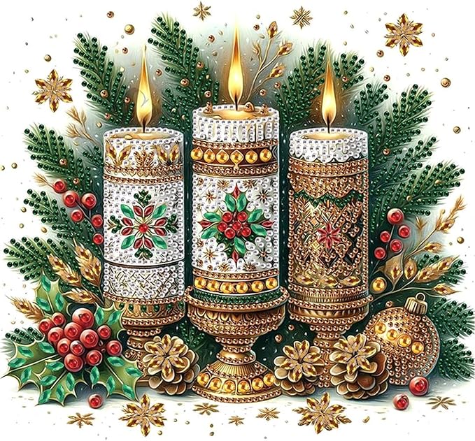 5D Christmas Candles Special Shape Diamond Art Kits for Beginners, Christmas Winter Theme Diamonds Painting Kits for Adults,DIY Crystal Rhinestones Diamond Paintings for Home Wall Decor 12×12Inch