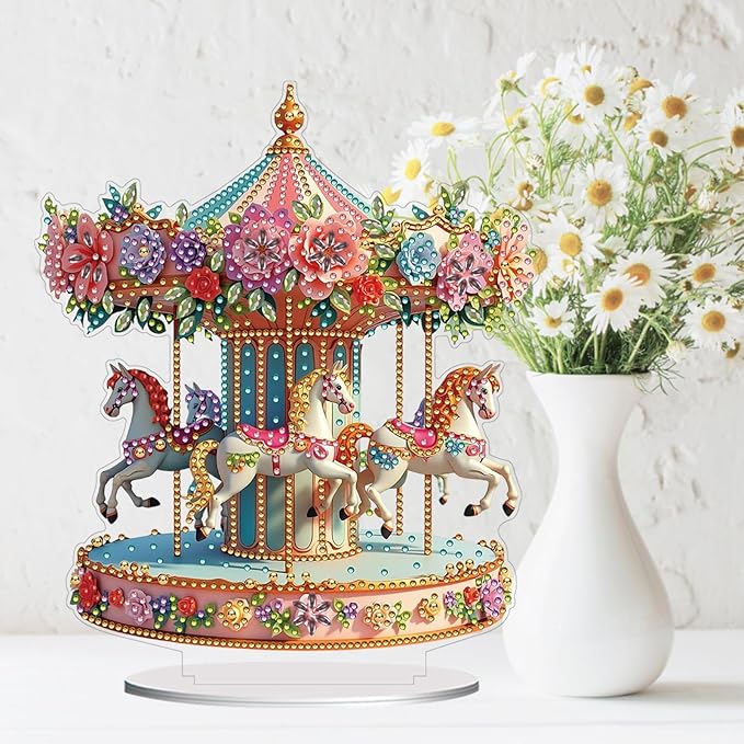 ARTopet DIY Diamond Desktop Ornament PET Irregular Shape Special Shaped Crystal Double Sided Pattern Single Sided Diamond Art Painting Tabletop Home Ornaments Decor (Carousel)
