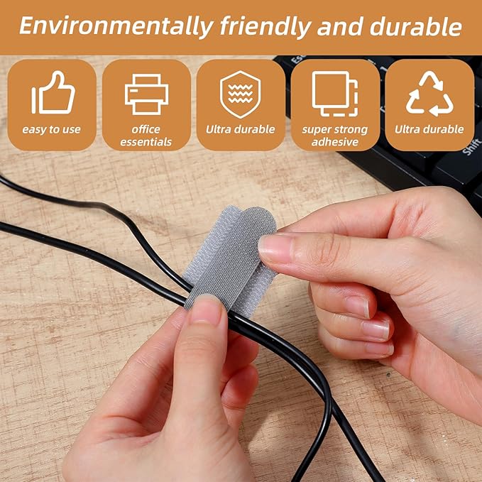Cord Organizer, 40 PCS Adjustable Cable Management Under Desk, Reusable Hook and Loop Cable Ties, Self Adhesive Wire Organizers for Home Office (Black, Gray)
