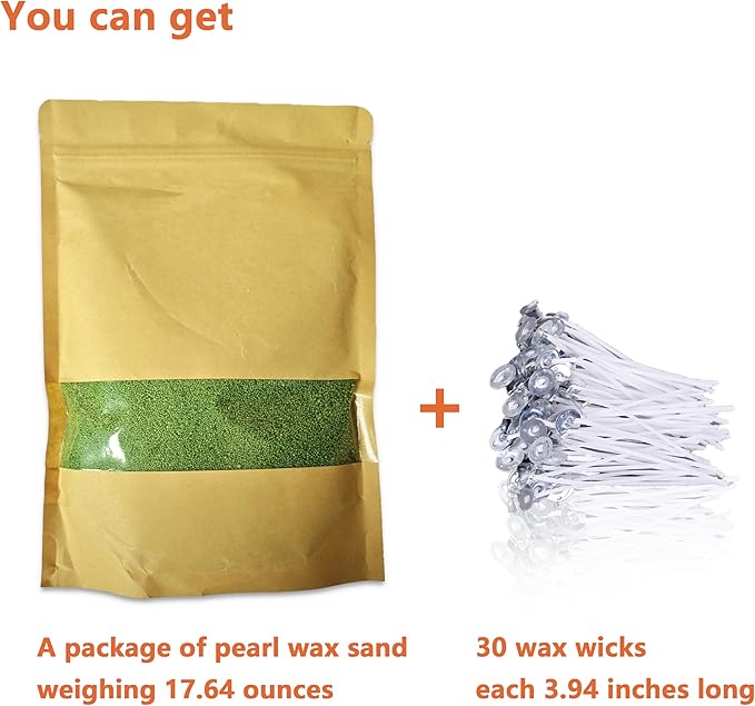 DRMAISON Pearled Candle Wax Sand DIY Kit - 17.6 oz, Mung Bean Green, Non-Toxic&Smoke-Free, Refillable with 30 Wicks, Long-Lasting Flame, Highly Customizable for Wedding, Party&Holiday Decor