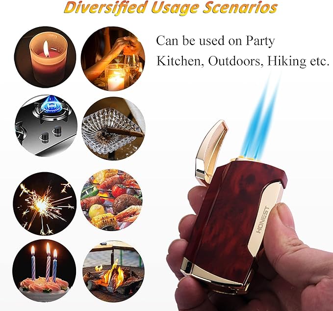 PROMISE Metral Lighter Double Jet Flame Cigar Lighter Shipped Without Gas (Brown Grain)
