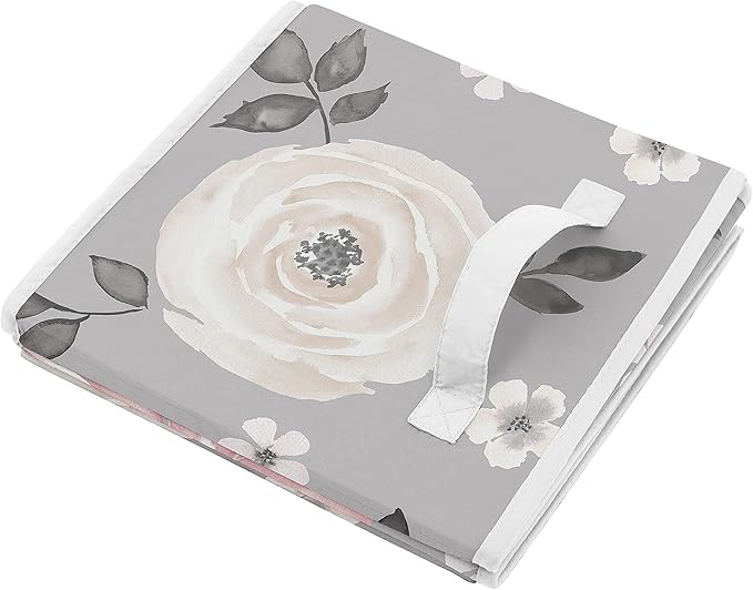 Sweet Jojo Designs Grey Watercolor Floral Foldable Fabric Storage Cube Bins Boxes Organizer Toys Kids Baby Childrens - Set of 2 - Blush Pink Gray and White Shabby Chic Rose Flower Farmhouse