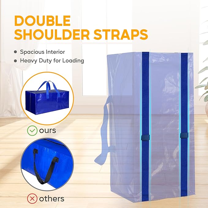 4 Pack Oversized Heavy Duty Moving Bags with Backpack Straps, Strong Handles & Zippers, Extra Large Storage Tote Moving Boxes for Space Saving, Blue
