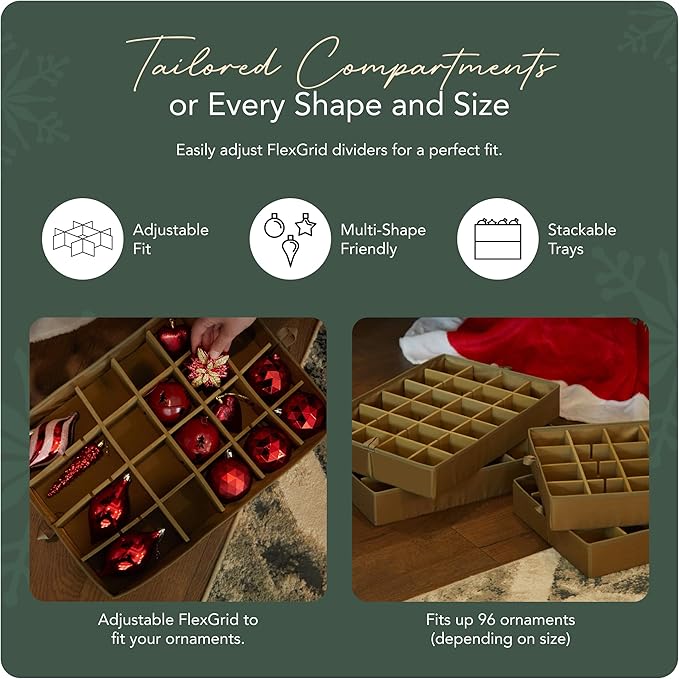 Covermates Keepsakes Adjustable Ornament Storage Bag – Heavy-Duty Polyester, Padded Dividers & FlexGrid Trays – Protective Holiday Ornament Organizer with Handles & Label Window, Green