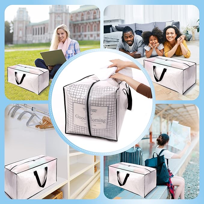HOMESURE 12 Pack Large Strong Moving Bags with Zippers & Carrying Handles - Water-Resistant - Heavy Duty Storage Tote for Space Saving, Fold Flat, Alternative to Moving Box (Semi-Transparent)