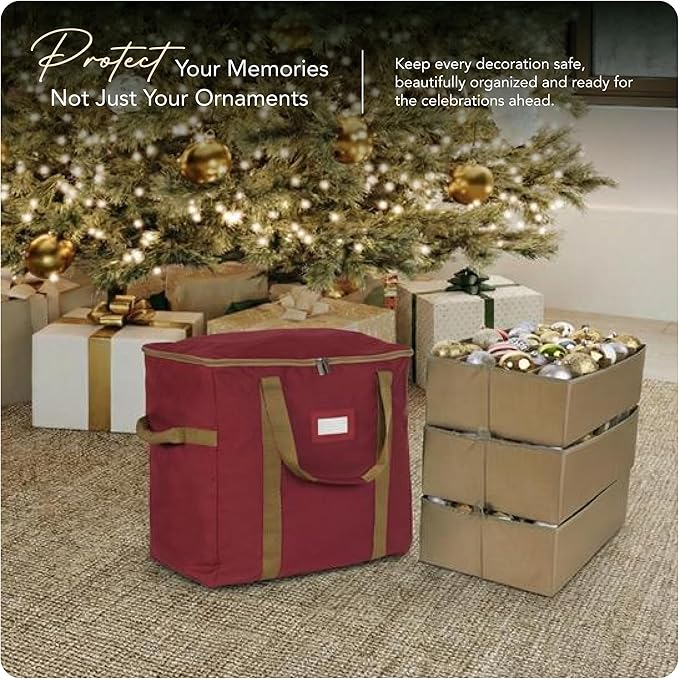 Covermates Keepsakes Adjustable Ornament Storage Bag – Heavy-Duty Polyester, Padded Dividers & FlexGrid Trays – Protective Holiday Ornament Organizer with Handles & Label Window, Red