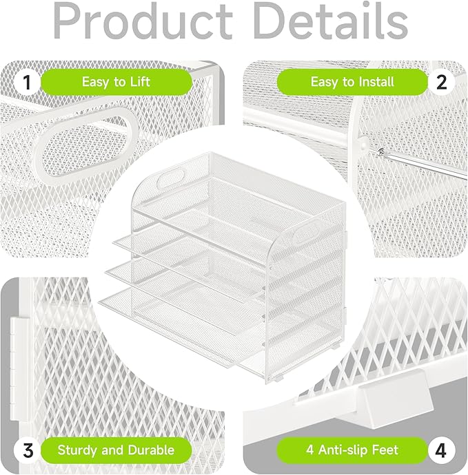 Cawukege 5 Tier Paper Organizer with Handle, White Metal Mesh Desk Organizer File Folder Paper Letter Tray Desktop Document Sorter for Classroom, School, Office Accessories Organization and Storage