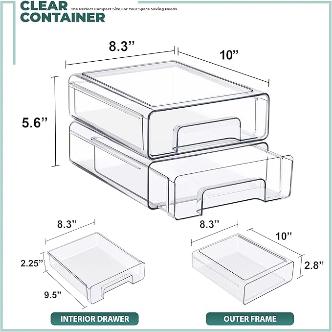 Sorbus Medium Clear Stackable Storage Drawers – 2-Pack Plastic Organizer Bins with Handles – Pull-Out Stackable Drawers for Bathroom Closet, Medicine, Cabinet, Pantry Storage, Baby Bottle Organizer