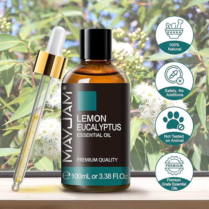 Lemon Eucalyptus Essential Oil, MAYJAM 3.38FL.OZ/100ML Large Volume Lemon Eucalyptus Oil with Premium Glass Dropper, Perfect for Soaps, Candles, Diffuser