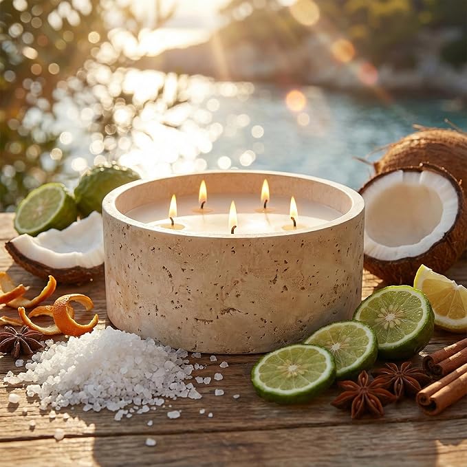 Scented Candle - Sea Salt & Bergamot & Coconut, 42 oz. 5 Wick Large Candle Made with Coconut Oil and Soy Blend Wax | Acacia Wood Lid