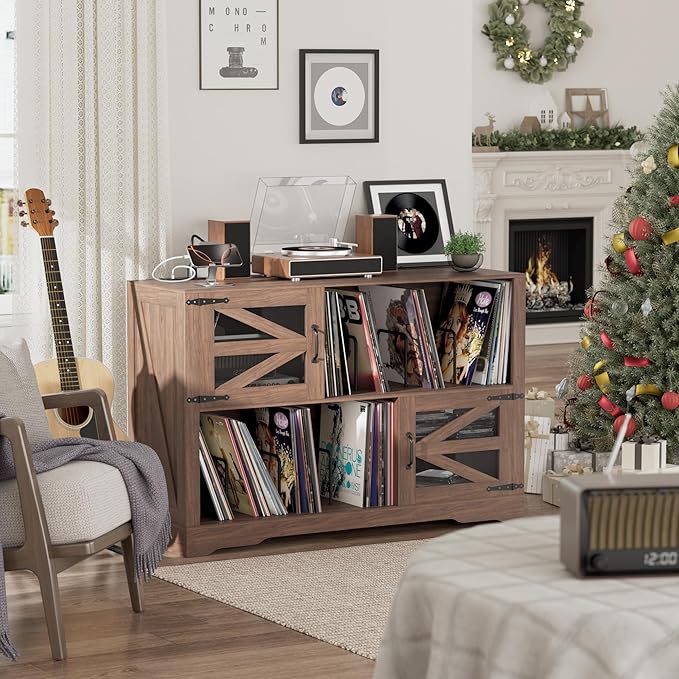 Large Record Player Stand with Vinyl Storage, 500+ Vinyl Record Storage Cabinet, 47 Inch Record Player Table with Power Outlet, Farmhouse Wooden Turntable Stand for Living Room, Walnut