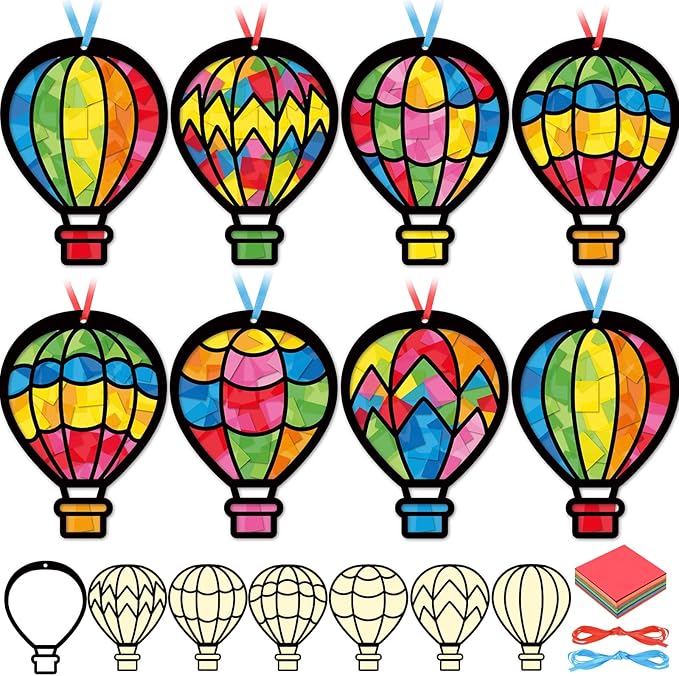 Tinlade 24 Sets Crafts Suncatcher Tissue Paper Craft Kit DIY Window Decor Make Your Own Cross Hanging Ornaments for Holiday Activities Party Favors(Hot Air Balloons)