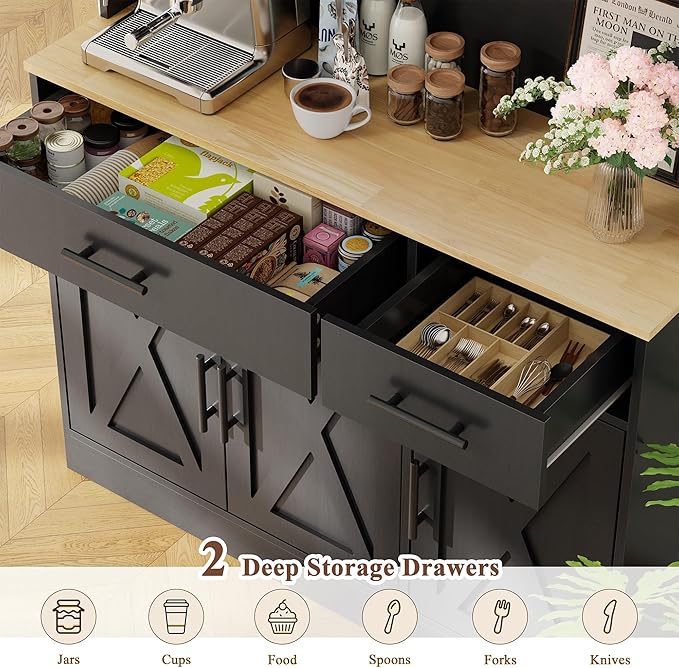Vongrasig Farmhouse Pantry Cabinet with Charging Station, Tall Kitchen Pantry with Microwave Stand, Storage Drawers & Shelves, Large Kitchen Hutch for Living Room, Dining Room, Black