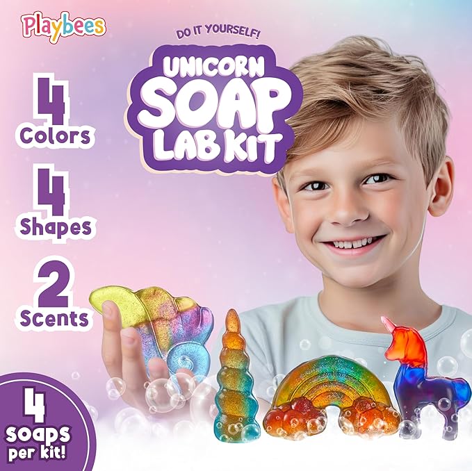 Playbees Unicorn Soap Making Kit for Kids - Fun DIY Christmas Gift for Girls & Boys Age 6-12, Creative STEM Science Craft, Holiday Activity, Educational Toy & Stocking Stuffer