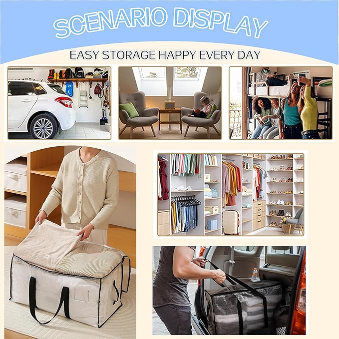 4 Pack 95L Large Capacity Heavy Duty Foldable Storage Bags - Handheld Totes with Double Zippers, Side Handles & ID Label Slot, Waterproof PP Fabric for Quilts, Clothes, Toys & Household Organizing