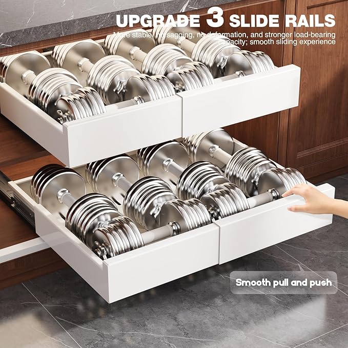 2 Pack Pull Out Cabinet Organizer Expandable Width(13"-21") and Depth(13"-17"),Slide Out Drawers With Raising Pad for Framed Cabinets,No Drill Roll Out Shelves for kitchen,Bathroom,White