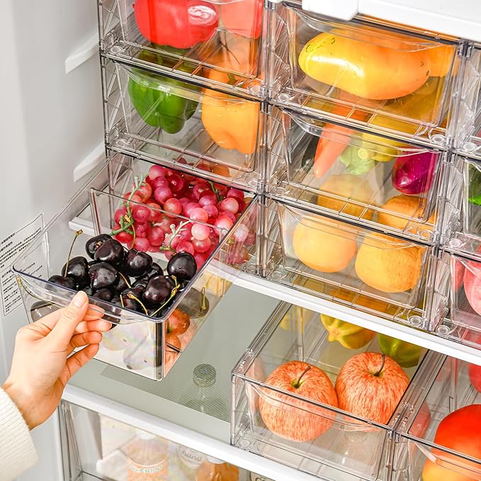 Clemate 4Pack Clear Stackable Kitchen Storage Organizer,Pantry Organizers and Storage,Foods Organizer Bins with Handles, Easily Assemble for Bathroom, Kitchen, Refrigerator, Pantry, Cabinet, Closet