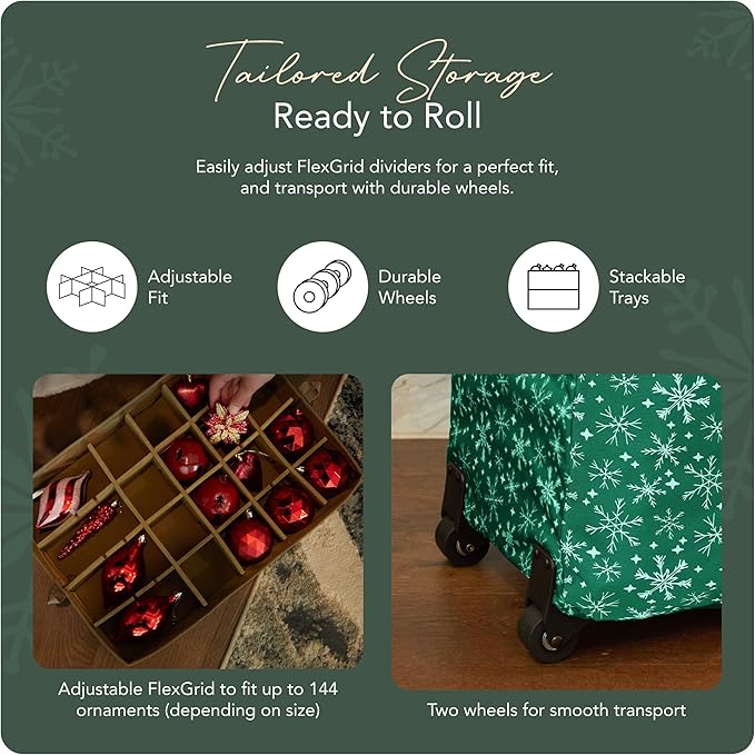 Covermates Keepsakes Rolling Adjustable Ornament Storage Bag – Heavy-Duty Polyester, FlexGrid Trays & Padded Dividers – Protective Holiday Organizer with Wheels, Handles & ID Window, Green Snowflake