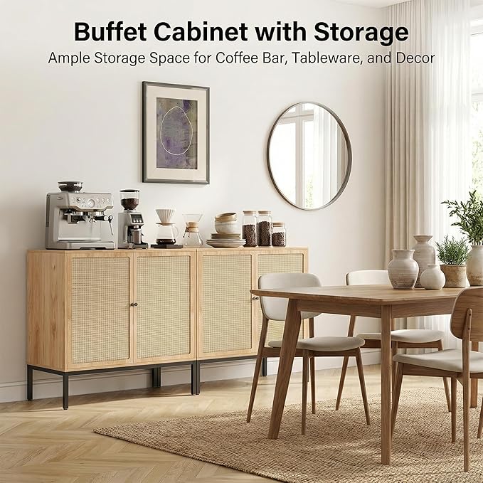 Yechen Set of 2 63" Sideboard Cabinet with Natural Rattan Doors, Buffet Console & Accent Cabinet, Rattan Credenza Storage with Metal Legs for Living Room, Kitchen, Dining Room