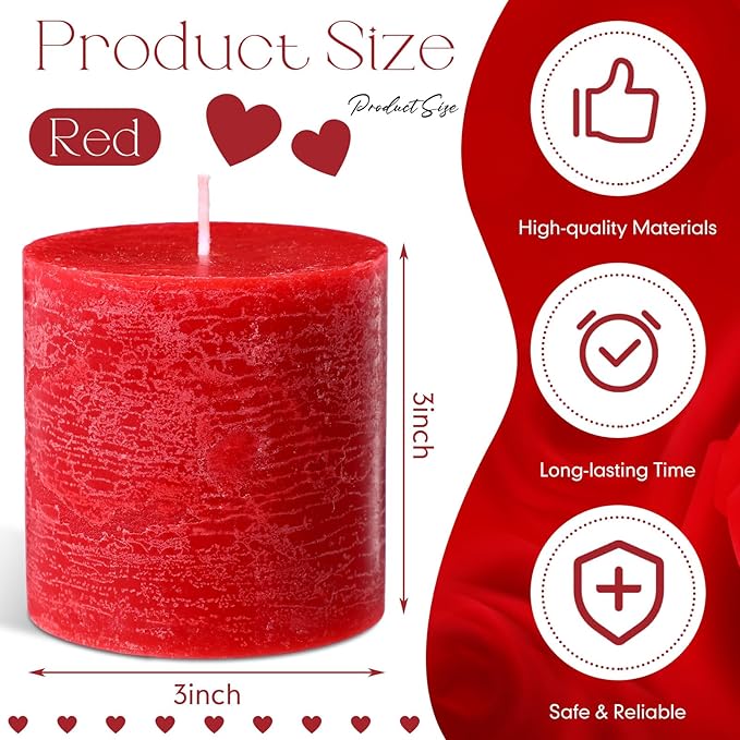 Sumind Valentine's Day Handmade 3x3 Inch Pillar Candles Set of 3, 24 Hour Long Burning Unscented Rustic No Drip Ivory Candles Hand Poured for Spring Home Decor, Weddings, Parties,Dinner,Church(Red)