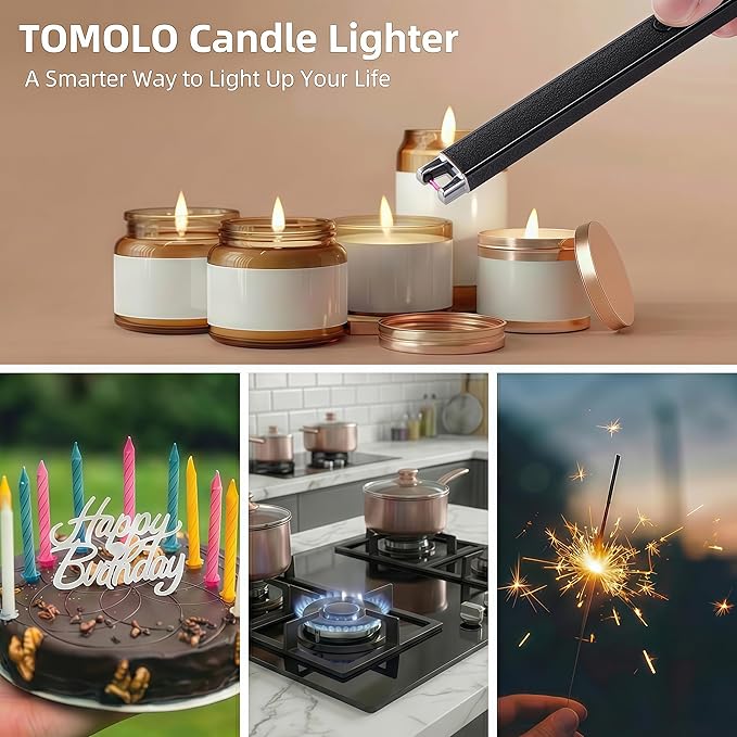 TOMOLO 2PCS Candle Lighter, Electric Lighter with Safety Switch Windproof Flameless Rechargeable Lighters for Candle, Kitchen, Grill, Camping, Gift (Black)