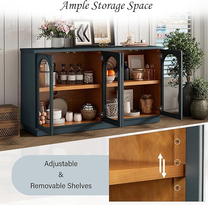 Amposei 57.7-Inch Vintage Sideboard Cabinet 4 Glass Door Storage Cabinet Buffet Console Table with Adjustable Shelves for Kitchen Entryway Dining Living Room, Navy