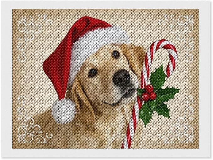 Diamond Painting Kits for Adults - Christmas Golden Retriever Puppy in Santa Hat with Candy Cane Painting DIY 5D Full Drill Diamond Dots Paintings with Diamonds Gem Art And Crafts Home Decor 12"x16"