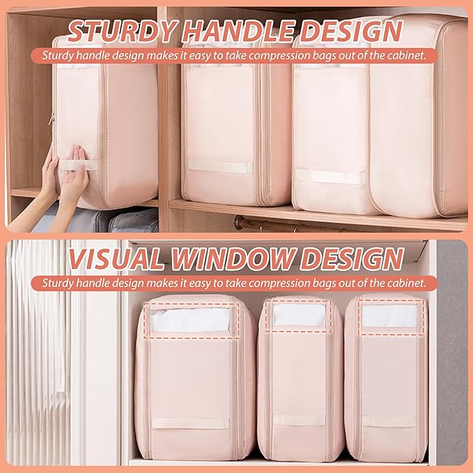 Veki Comforter Storage Bag, Space Saving Self Compression Foldable Blanket Storage Bags, Closet Organizer With Handle and VisualiZation Window, Large Capacity 130L for Bedding, Clothes (Pink, L)